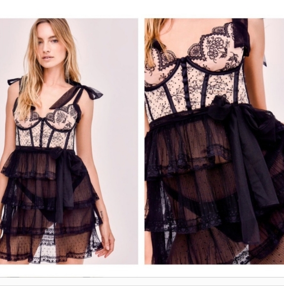 For Love And Lemons Black and Cream Tiered Lace Mini Dress - Picture 1 of 8